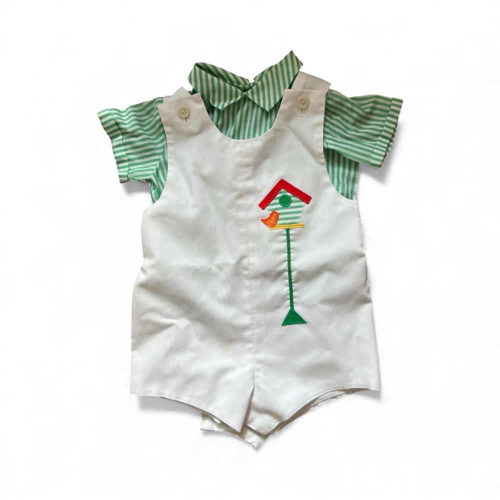 Saks Fifth Avenue Green & White Matching Baby Romper Set